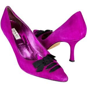 Vintage Y2K Isaac Mizrahi Suede Heels Pointed Toe Ribbon Trim Purple Black 9.5